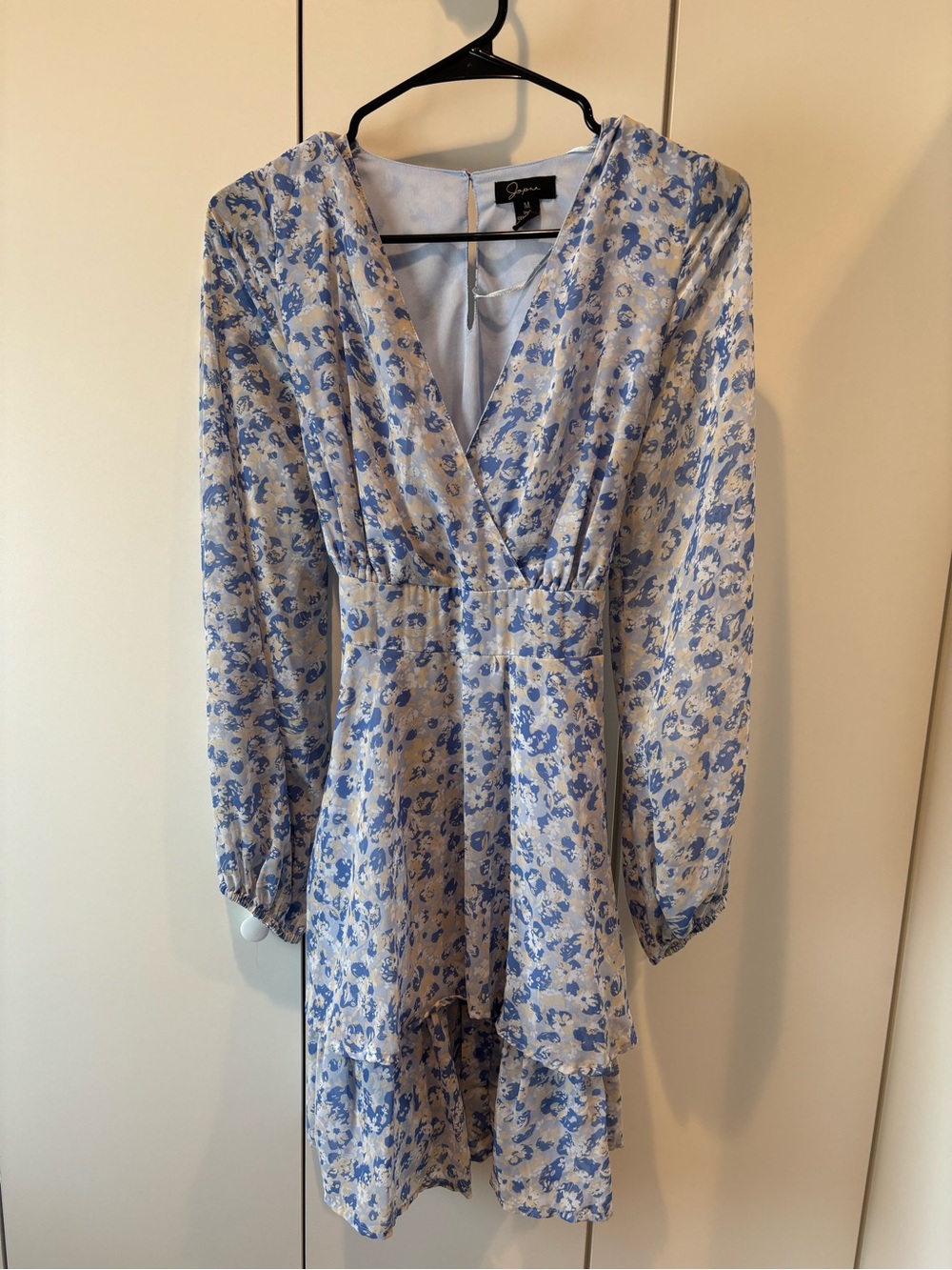 ASTR Blue and White Floral Long-Sleeve Wrap Dress